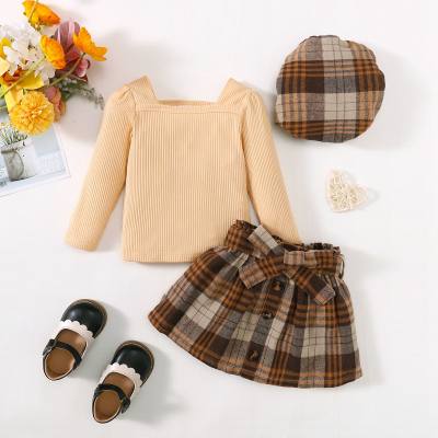 Baby Girl 4 Pieces Solid Color Top & Plaid Skirt & Waistband & Hat