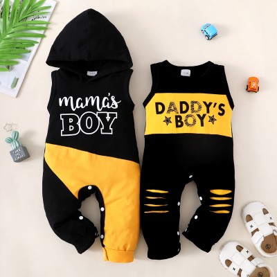 Baby Rocky Letter Printed Color-block Baby Rocky Letter Printed Color-block Short Sleeveless Boxer Romper With Hat