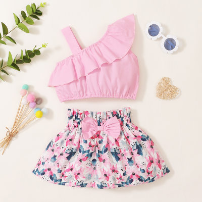 Baby Girl  Sweet Ruffle  Top and Floral Skirt-bowknot