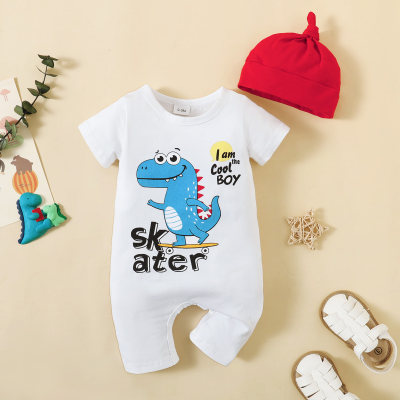 2-piece Baby Boy Letter and Dinosaur Printed Short Sleeve Boxer Romper & Infant Hat