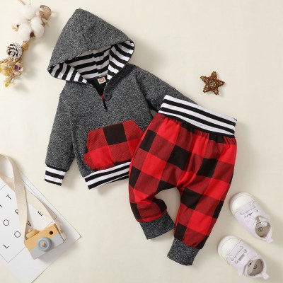 Baby Plaid  Color Block Stripes Hooded Sweater & Pants