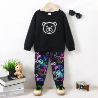 2-piece Toddler Boy Bear Printed Sweatshirt & All Over Printed Pants  Black