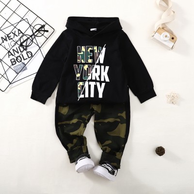 Toddler Letter Printed Color-block Long-sleeve Sweater & Camouflage Pants