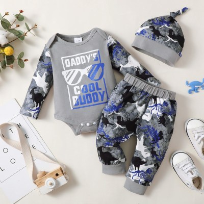 Baby Boy Letter Printed Long Sleeve Romper & All Over Printing Pants
