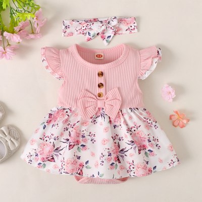 Baby Girl Floral Color-block Ruffle-sleeve Bodysuit with Hairband
