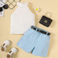 Sleeveless solid color top + shorts + belt  Blue