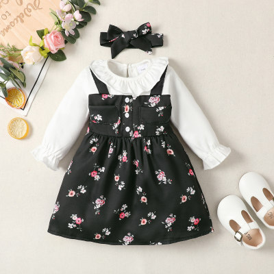 Baby Girl 2 in1 Floral Patchwork Ruffled Lapel Long Sleeve A-line Dress