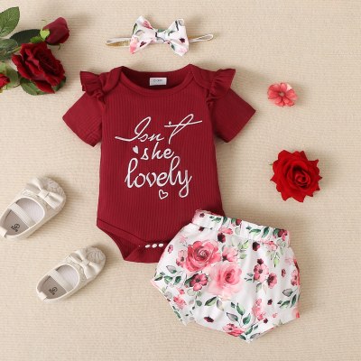 3-piece Baby Girl Letter Printed Short Sleeve Romper & Floral Printed Panty & Headwrap