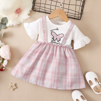 Toddler Girl Cute Butterfly Patch Embroidered Plaid Dress