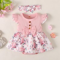 Baby Girl Floral Color-block Ruffle-sleeve Bodysuit with Hairband  Pink