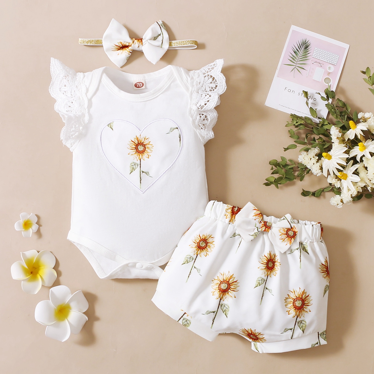 Baby Floral Heart-shape Romper & Bowknot Decor Sunflower Pants With Hairband - hibobi