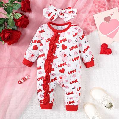 2-teiliger Valentinstags-Jumpsuit mit herzförmigem Muster für Babys und Mädchen mit langen Ärmeln und langem Bein und Stirnband