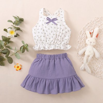 Toddler Girl Sweet Bow Knot Decor  Floral Cami Top & Skirt