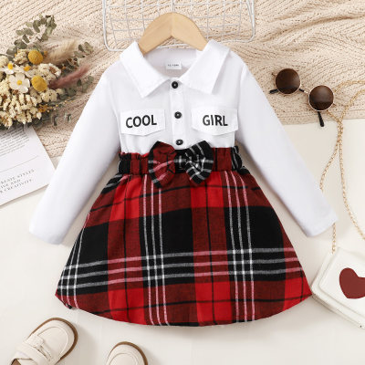 Toddler Girl Plaid Patchwork Letter Pattern Bowknot Decor Robe chemise à manches longues
