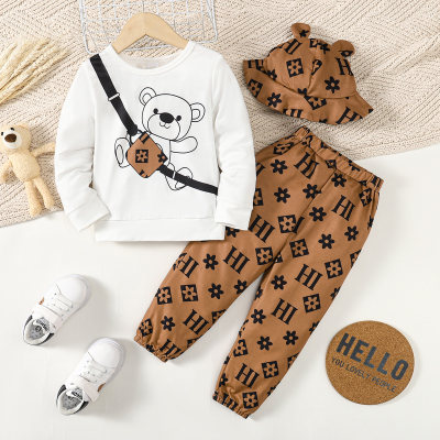 T-shirt de manga comprida estampada de urso e bolsa infantil de 3 peças e calça estampada em toda a peça