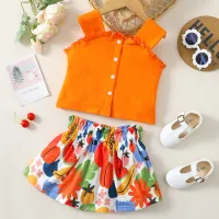 بلوزة بناتي كاجوال & شورت بنقشة الفواكة ملابس الأولاد والبنات لعيد الفطر 2022 برتقالي