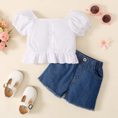 Baby Girl Elegant Solid Front button Top And Denim Shorts