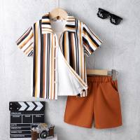 Striped printed short-sleeved top + solid color shorts  Orange