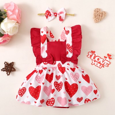 2-piece Baby Girl Heart Printed Patchwork Square Neck Sleeveless Skirted Romper & Headwrap