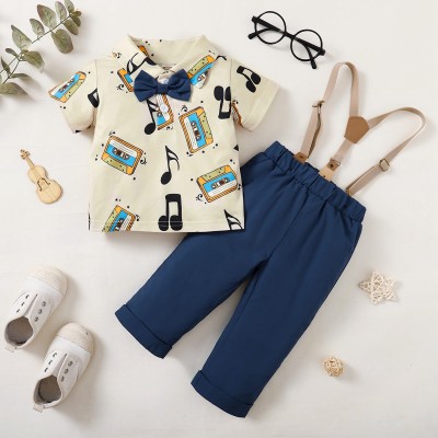 Baby Cartoon Printed Bowknot Decor Shirt & Solid Color Overalls