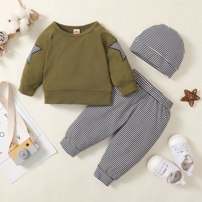 Suéter e calça de manga comprida com estampa de pentagrama de listras para bebê e chapéu