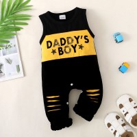 Baby Rocky Letter Printed Color-block Baby Rocky Letter Printed Color-block Short Sleeveless Boxer Romper With Hat  Black