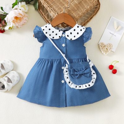 Baby Girl 2 Pieces Solid Color Polka-dot Sleeveless Dress & Bag