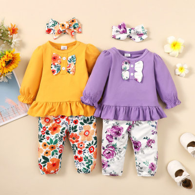 3-piece Baby Girl Solid Color Floral Bowknot Decor Ruffle Hemmed Long Sleeve Top & Allover Floral Pants & Headwrap