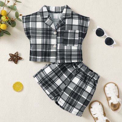Baby Girl Lapel Plaid Front button Top And Short