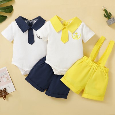 Baby Boy Lapel Short-sleeve Bodysuit And Solid Colour Suspendered Shorts
