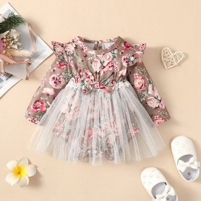 Baby Girl Allover Floral Printed Mesh Spliced Bowknot Decor Skirted Long Fly Sleeve Romper