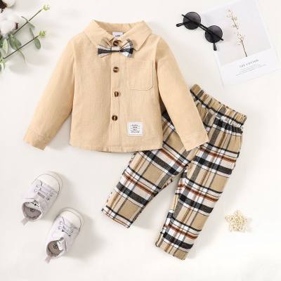 Baby Boy Casual Solid Color Pocket Decor Shirt & Plaid Pants & Bow-knot