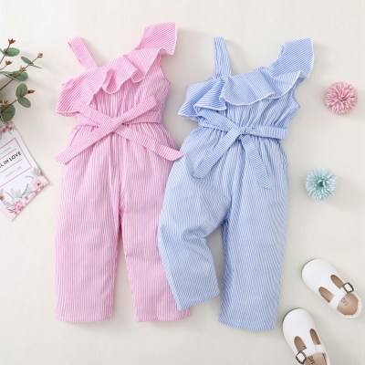 Toddler Girl Bowknot Decor Striped One-shoulder Overalls