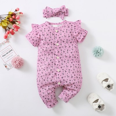 Baby Girl Beautiful Ruffle Floral Print Jumpsuits with Headband
