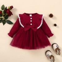 Baby Sweet daily Casual Solid Long-sleeve  Long Sleeve Dress  Burgundy