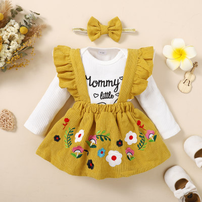 2-piece Baby Girl Ribbed Letter Pattern Long Fly Sleeve Romper & Solid Color Ruffled Overallp Dress