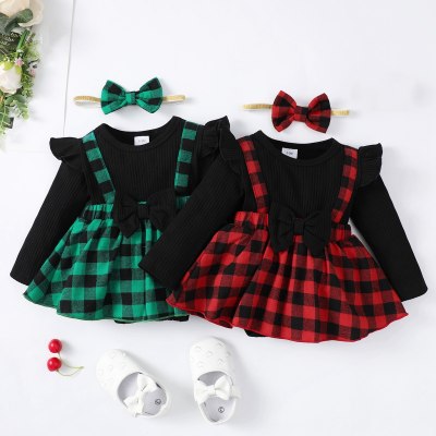 Baby Girl 2 in 1 Bowknot Decor Plaid Patchwork Skirted Long Sleeve Triangle Romper