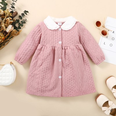 Toddler Girl Solid Color Lapel Patchwork Button-up Long Sleeve Dress