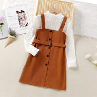2-piece Kid Girl Solid Color Textured Mock Neck Long Sleeve Knitted Top & Corduroy Solid Color Button Front Belted Suspender Dress  Brown