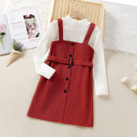 2-piece Kid Girl Solid Color Textured Mock Neck Long Sleeve Knitted Top & Corduroy Solid Color Button Front Belted Suspender Dress  Red