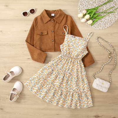 2-piece Kid Girl Solid Color Button-up Jacket & Flower Sleeveless Dress
