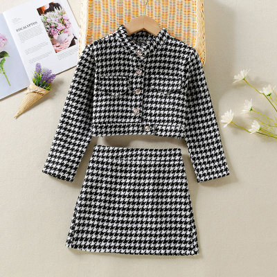 2-piece Kid Girl 100% Cotton Houndstooth Button Front Tweed Jacket & A-line Skirt