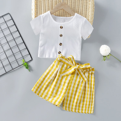 Kid Girl Solid Color Cropped T-shirt & Check Design Bowknot  Shorts Suit