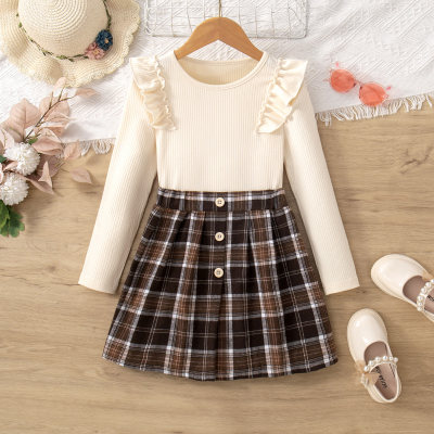 2-piece Kid Girl Round Neck Long Sleeve Top & Button Front Plaid Skirt