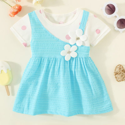 Vestido de manga corta con decoración de flores en 3D de retazos de bloque de color con lunares de algodón puro para niña pequeña