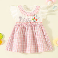 Toddler Girl Pure Cotton Plaid Color-block Patchwork Letter and Fox Pattern Short Sleeve Dress  Pink