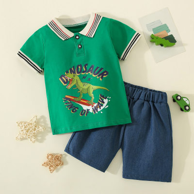 Camisa pólo de manga curta com estampa de dinossauro e letras de puro algodão infantil de 2 peças e shorts de cor lisa