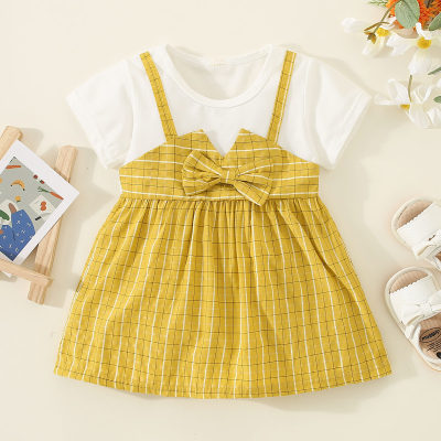Toddler Girl Pure Cotton Plaid Patchwork Bowknot Decor Short Sleeve Dress