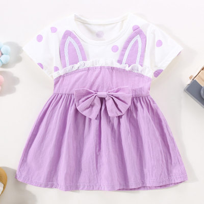 Vestido de manga corta con decoración de lazo estilo conejo de bloque de color de algodón puro para niña pequeña