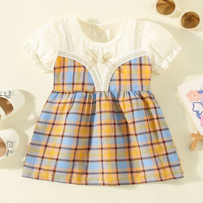 Vestido de manga corta de patchwork de bloque de color a cuadros de algodón puro para niña pequeña